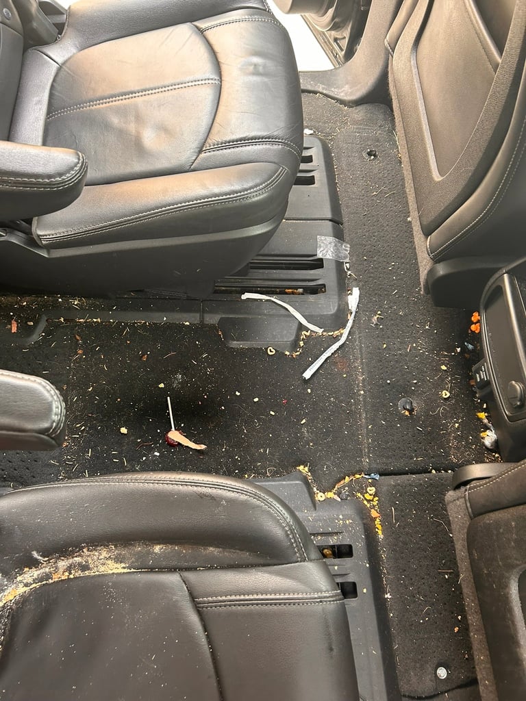 Dirty car interior floor with gray leather seats, visible debris and crumbs scattered across dark carpeting between front and back seats